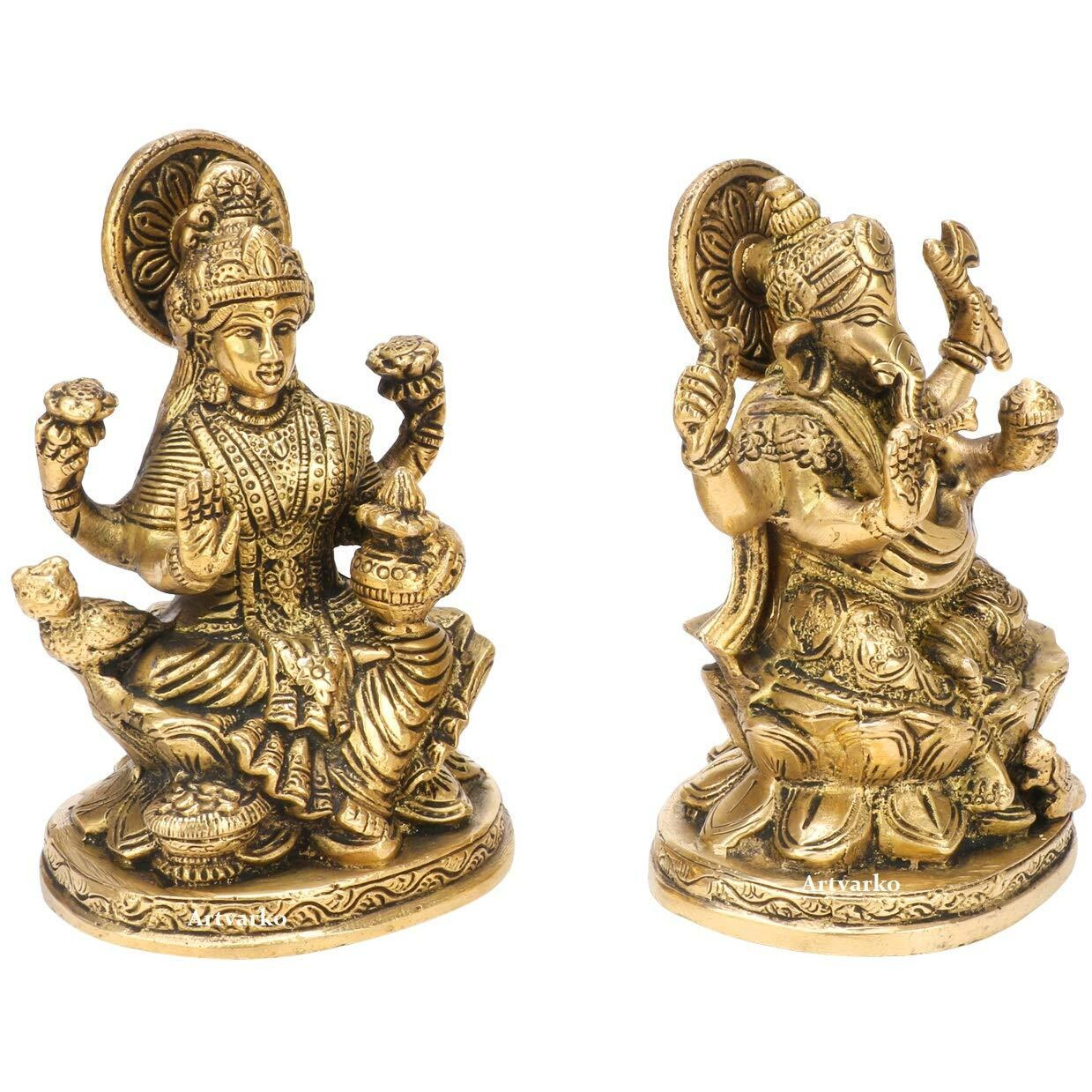 ARTVARKO Brass Ganesha Laxmi Ganesh Lakshmi Bhagwan Idol Sitting on Lotus Ganpati Murti Statue for Home Office Puja Success Dcor Gift 5 Inches