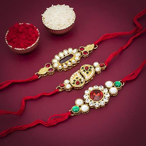 Sukkhi Rakhi Glorious Kundan Rakhi Combo & Designer Gold Plated Premium Rakhi for Brother, Roli Chawal & Greeting Card|Rakhi for Bhaiya|Rakhi for MEN|Kundan Rakhi|Rakhi Combo-Set of 3 |CB73452)