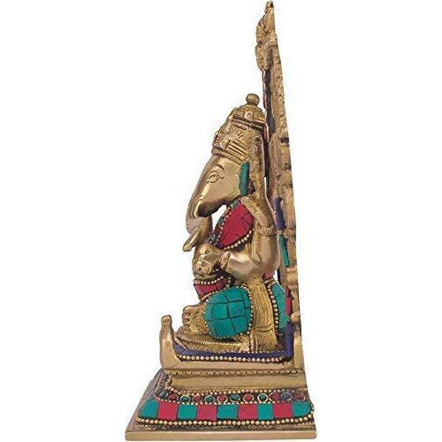 Artvarko Brass Ganesha Bhagwan Murti Sitting On Singhasan Ganesh Ganpati Decorated with Multicolored Stone for Gift Home Dcor Height 7 Inches