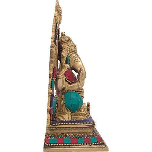 Artvarko Brass Ganesha Bhagwan Murti Sitting On Singhasan Ganesh Ganpati Decorated with Multicolored Stone for Gift Home Dcor Height 7 Inches