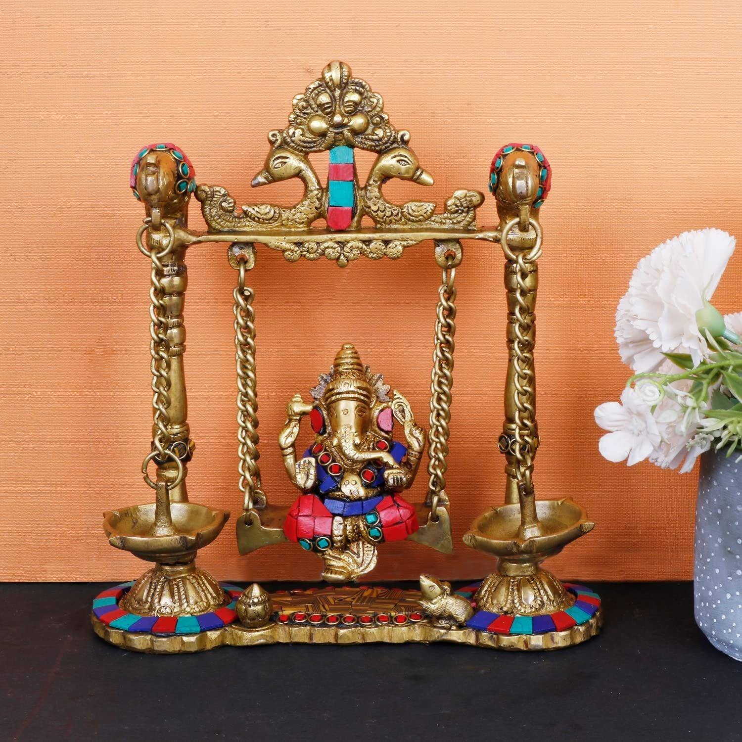 ARTVARKO Ganesh Jhula with Hanging Diya Brass Gemstone Handwork Ganesha Swing Statue Ganpati Jhoola Kirtimukha Idol Murti for Home Dcor Office Mandir Gift 9 Inch