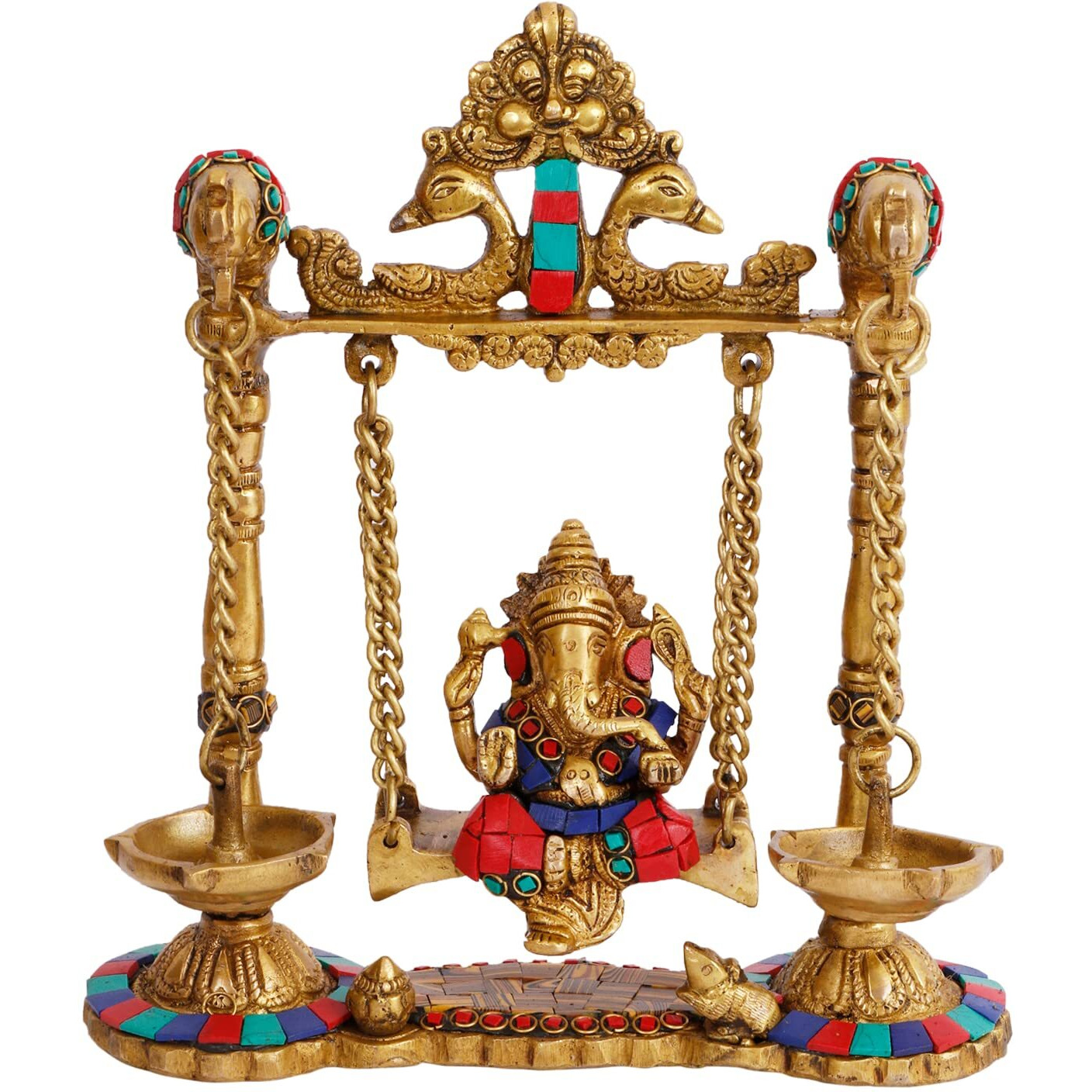 ARTVARKO Ganesh Jhula with Hanging Diya Brass Gemstone Handwork Ganesha Swing Statue Ganpati Jhoola Kirtimukha Idol Murti for Home Dcor Office Mandir Gift 9 Inch