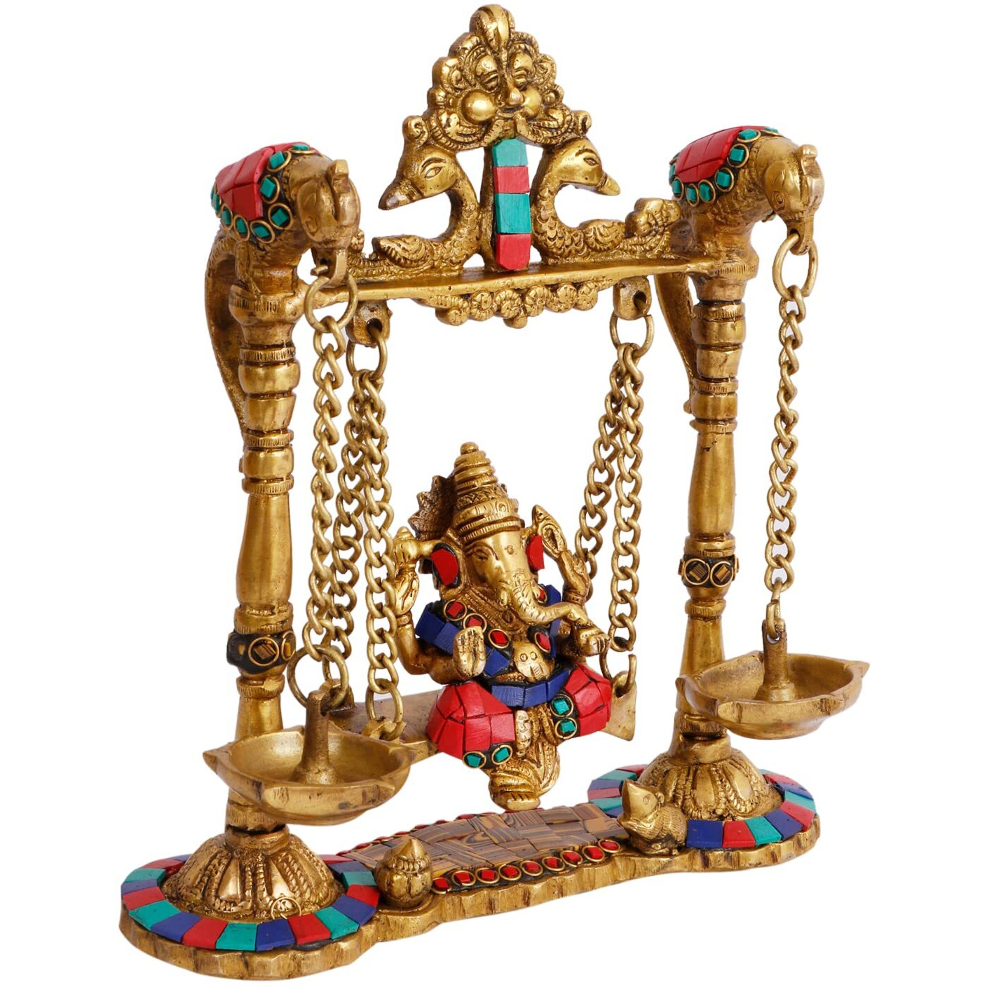 ARTVARKO Ganesh Jhula with Hanging Diya Brass Gemstone Handwork Ganesha Swing Statue Ganpati Jhoola Kirtimukha Idol Murti for Home Dcor Office Mandir Gift 9 Inch