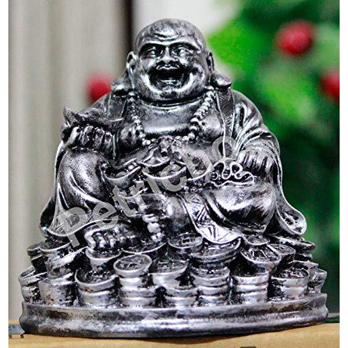 Petrichor 5 inch Handmade Fengshui Laughing Buddha Sitting on Lucky Money Coins Carrying Silver Ingot for Good Luck & Happiness (Rustic Antique Silver, 5 Inches)