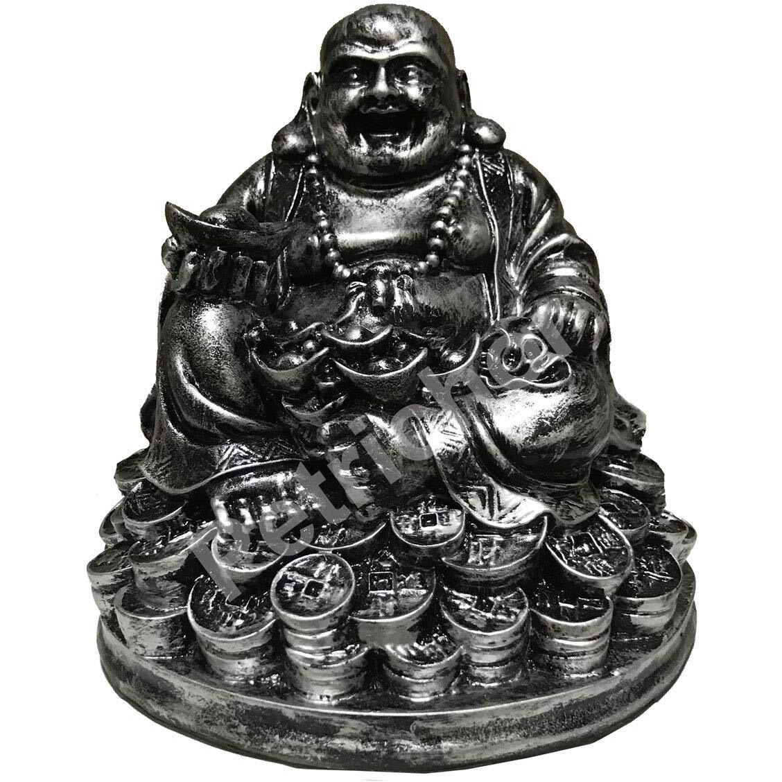 Petrichor 5 inch Handmade Fengshui Laughing Buddha Sitting on Lucky Money Coins Carrying Silver Ingot for Good Luck & Happiness (Rustic Antique Silver, 5 Inches)