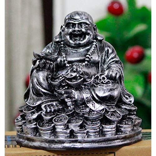 Petrichor 5 inch Handmade Fengshui Laughing Buddha Sitting on Lucky Money Coins Carrying Silver Ingot for Good Luck & Happiness (Rustic Antique Silver, 5 Inches)