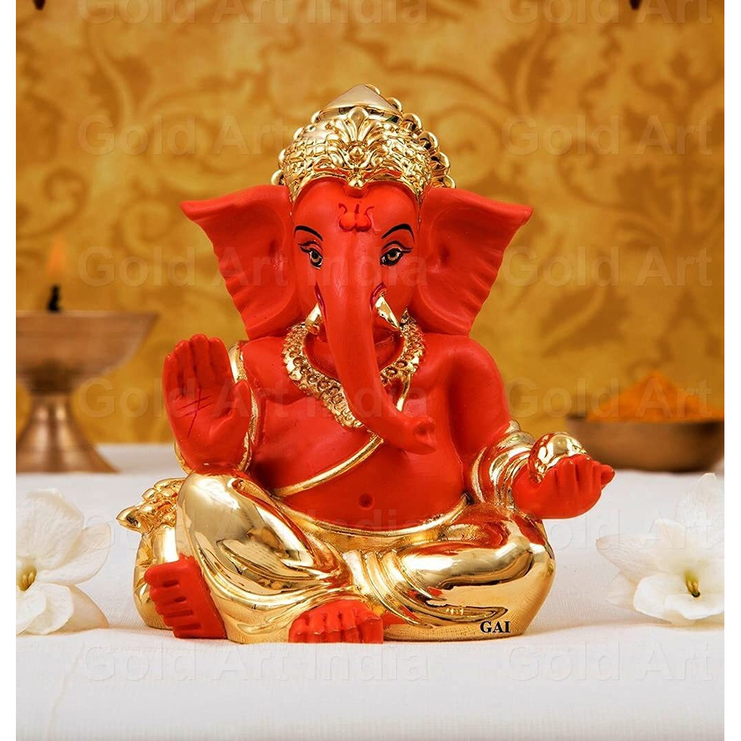 Gold Art India Resin Gaddi Ganesha 3X3, Gold Orange 1 Piece Ganesh Idol for Car Dashboard Small Ganesha Murti Ganpati Idol for Home Decor Puja Lord Ganesh Statue Gift for Office Desk Puja Room