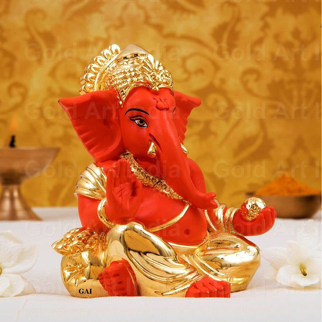 Gold Art India Resin Gaddi Ganesha 3X3, Gold Orange 1 Piece Ganesh Idol for Car Dashboard Small Ganesha Murti Ganpati Idol for Home Decor Puja Lord Ganesh Statue Gift for Office Desk Puja Room