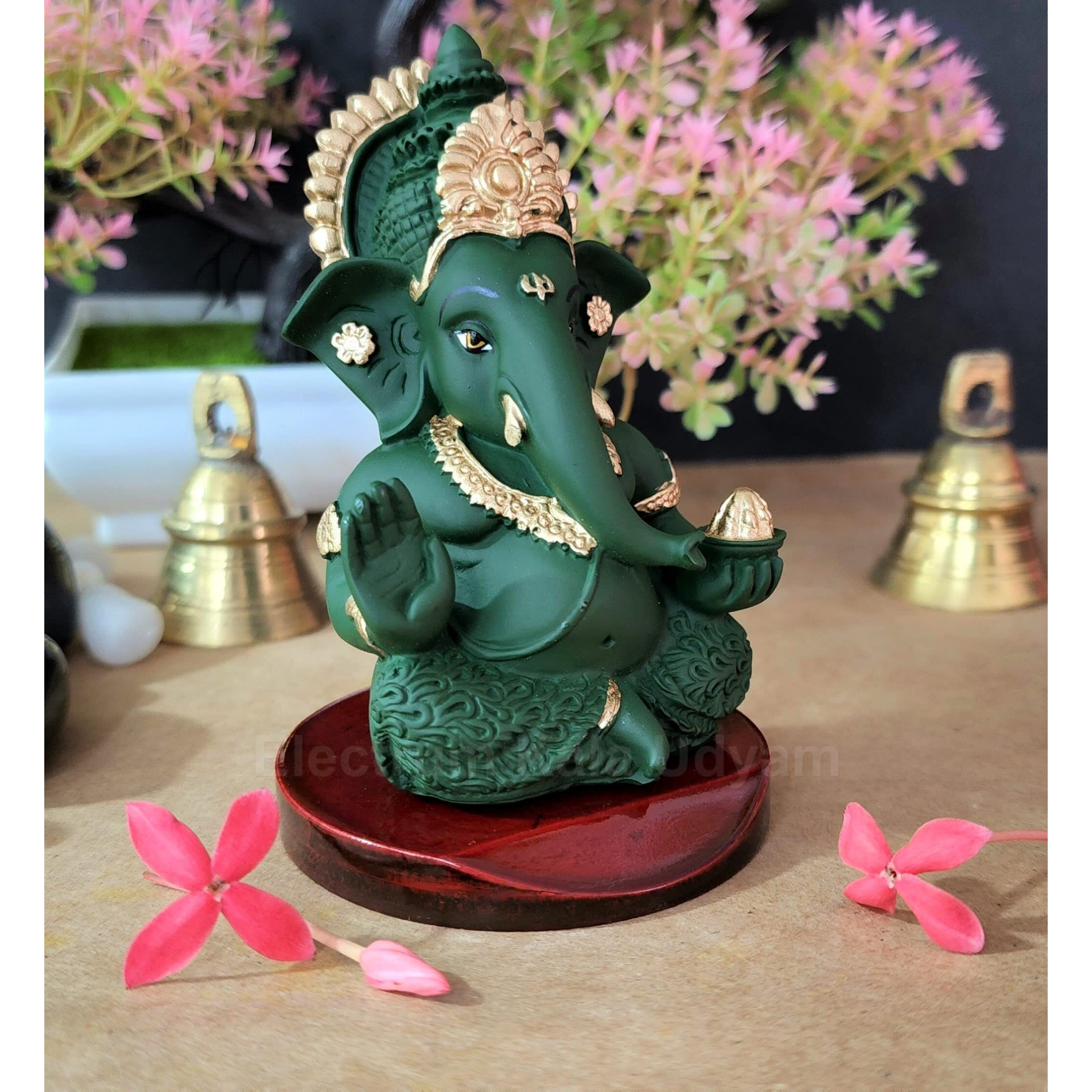 Handcrafted Poly Resin Ganesha Statue with Base - Perfect for Car Dashboard, Office Desk, Shelves, and Home Decor - Ideal Housewarming Gift (ForestGreenMukut)