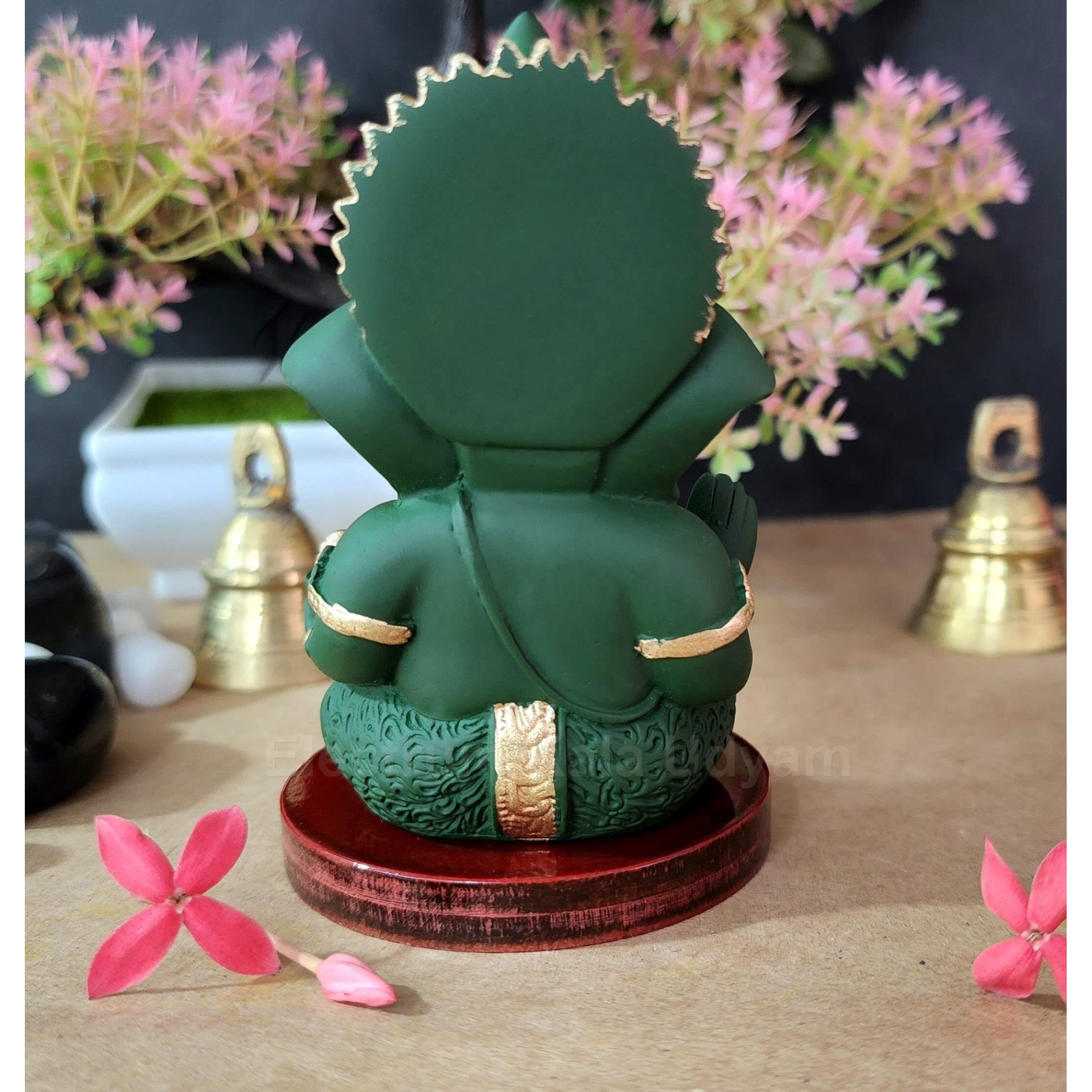 Handcrafted Poly Resin Ganesha Statue with Base - Perfect for Car Dashboard, Office Desk, Shelves, and Home Decor - Ideal Housewarming Gift (ForestGreenMukut)