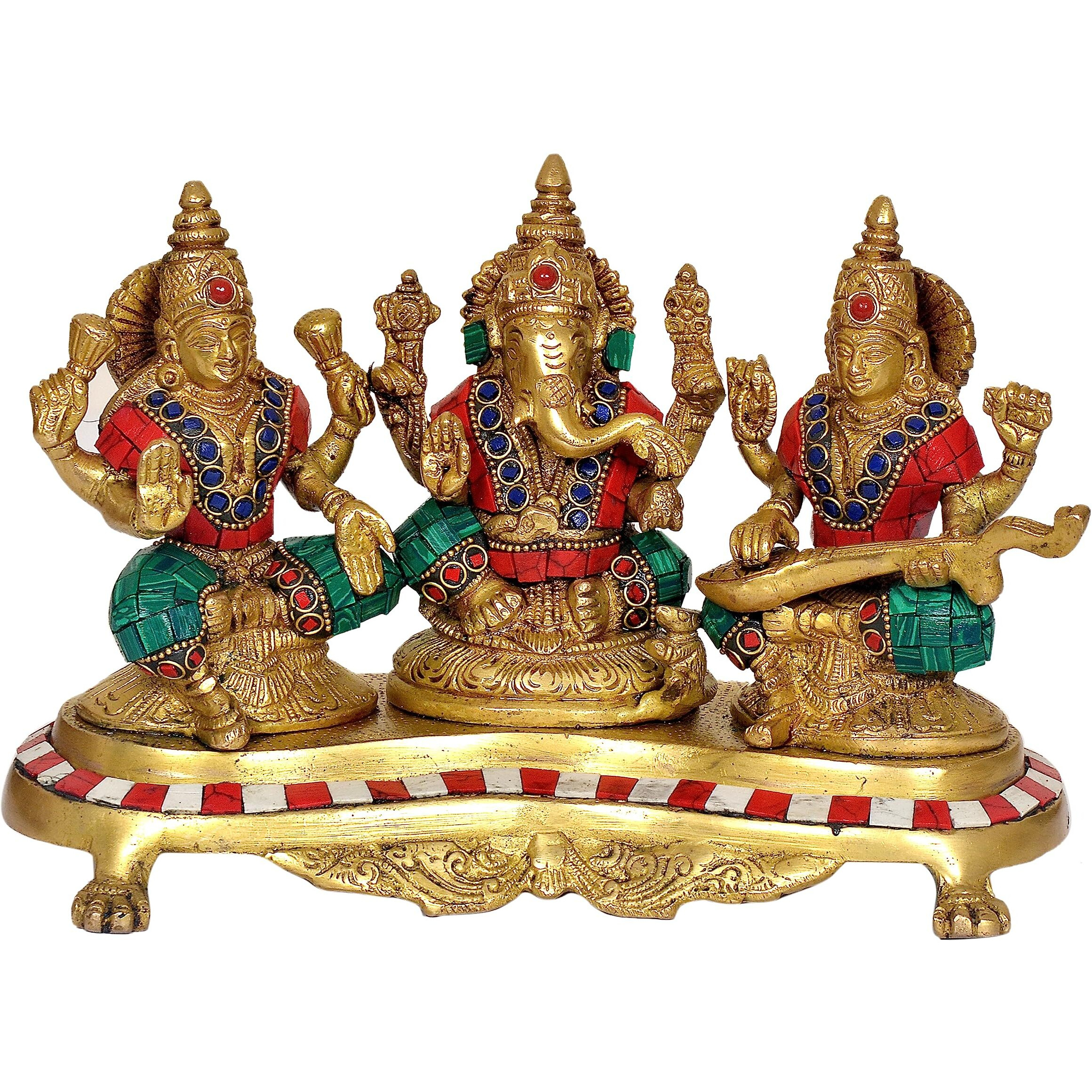 Amazon Brand  Umi Brass Lakshmi Ganesha Saraswati Statue Idol for Home Decor Mandir Diwali | Height  6 Inches (Gold)