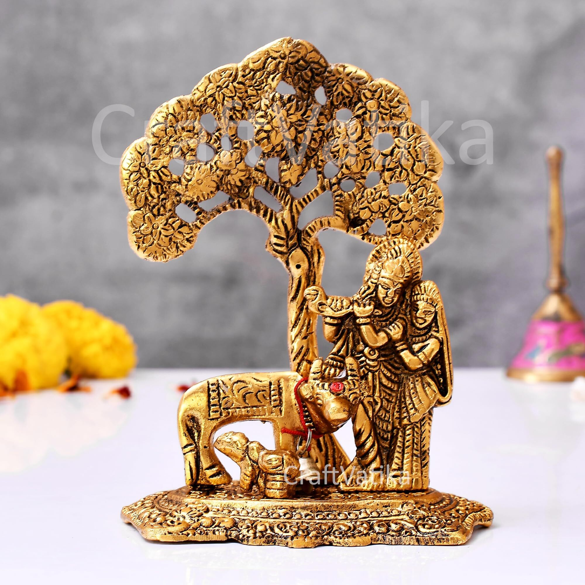 CraftVatika Radha Krishna Gift with Cow Calf Statue Murti Idol for Home Decoration, Gift Items for Anniversary,Wedding,House Warming,Return Gift