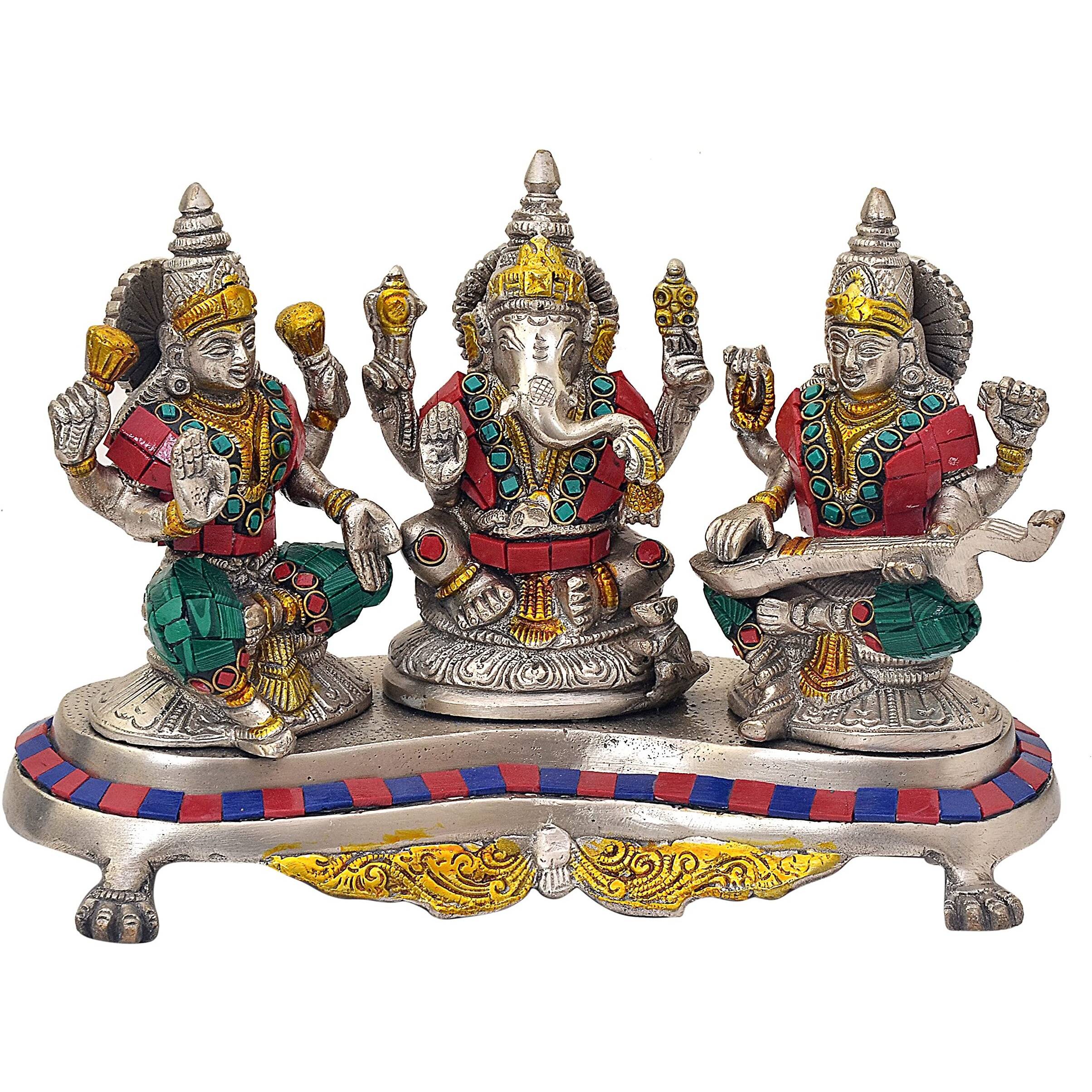 Amazon Brand  Umi Brass Lakshmi Ganesha Saraswati Statue Idol for Home Decor Mandir Diwali | Height  6 Inches (Multicolor)