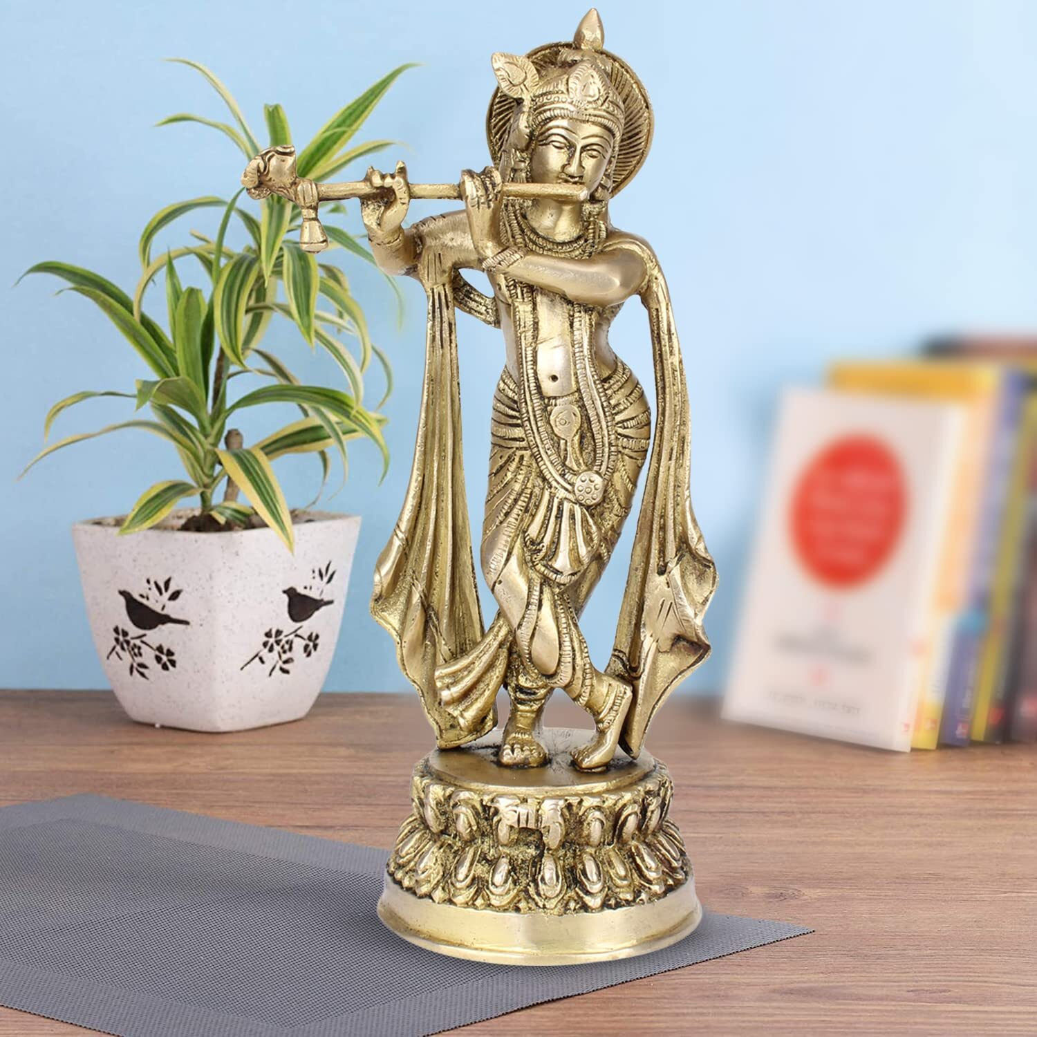 Artvarko Brass Krishna Idol Statue Playing Flute for Puja Mandir Krishna Murti Sculpture Gift & Home Decor Height 10 Inches