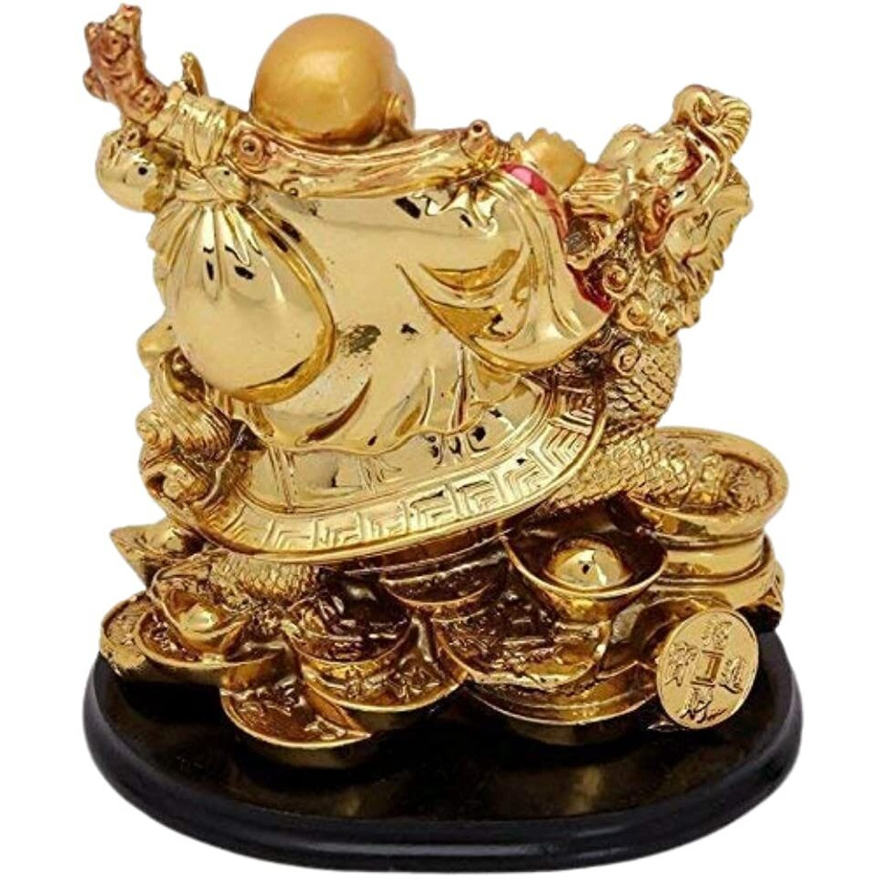 GJ Polyresin Laughing Buddha on Dragon 10x 13x 8 cm Gold 1 Showpiece Buddha Dragon