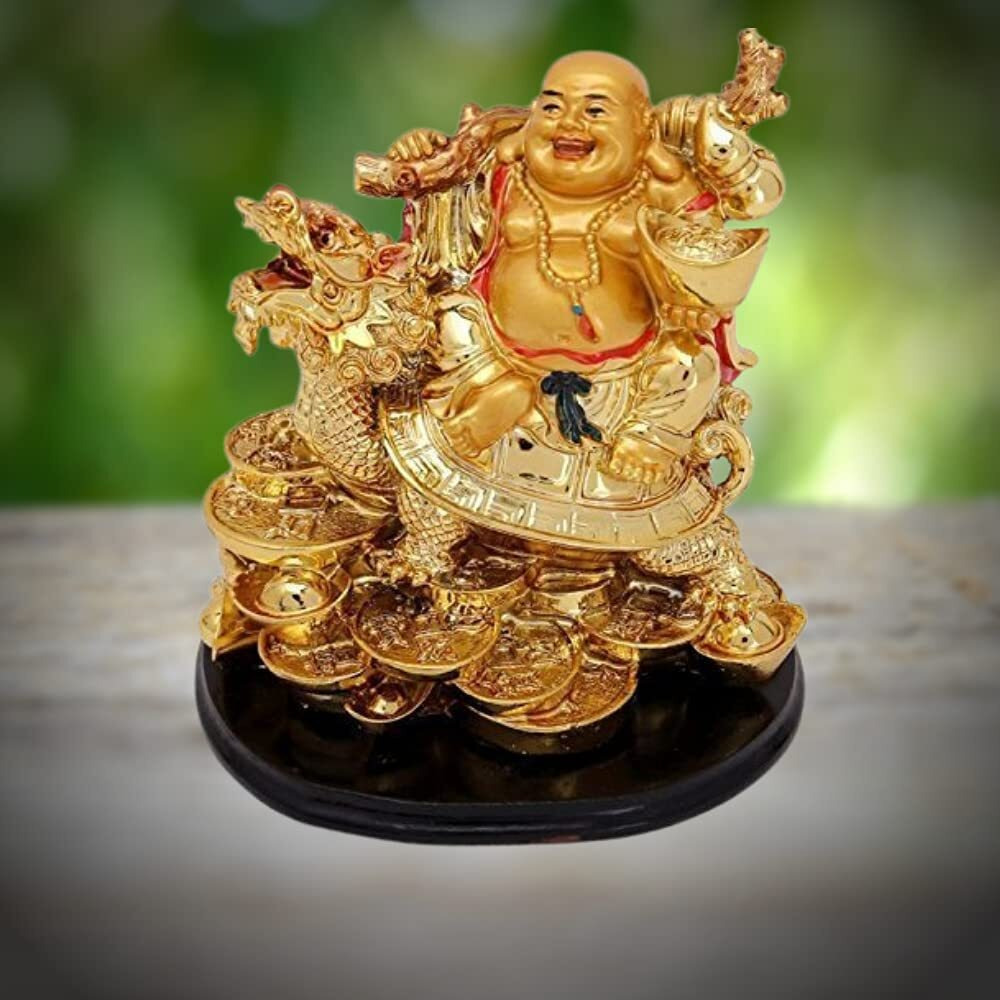 GJ Polyresin Laughing Buddha on Dragon 10x 13x 8 cm Gold 1 Showpiece Buddha Dragon