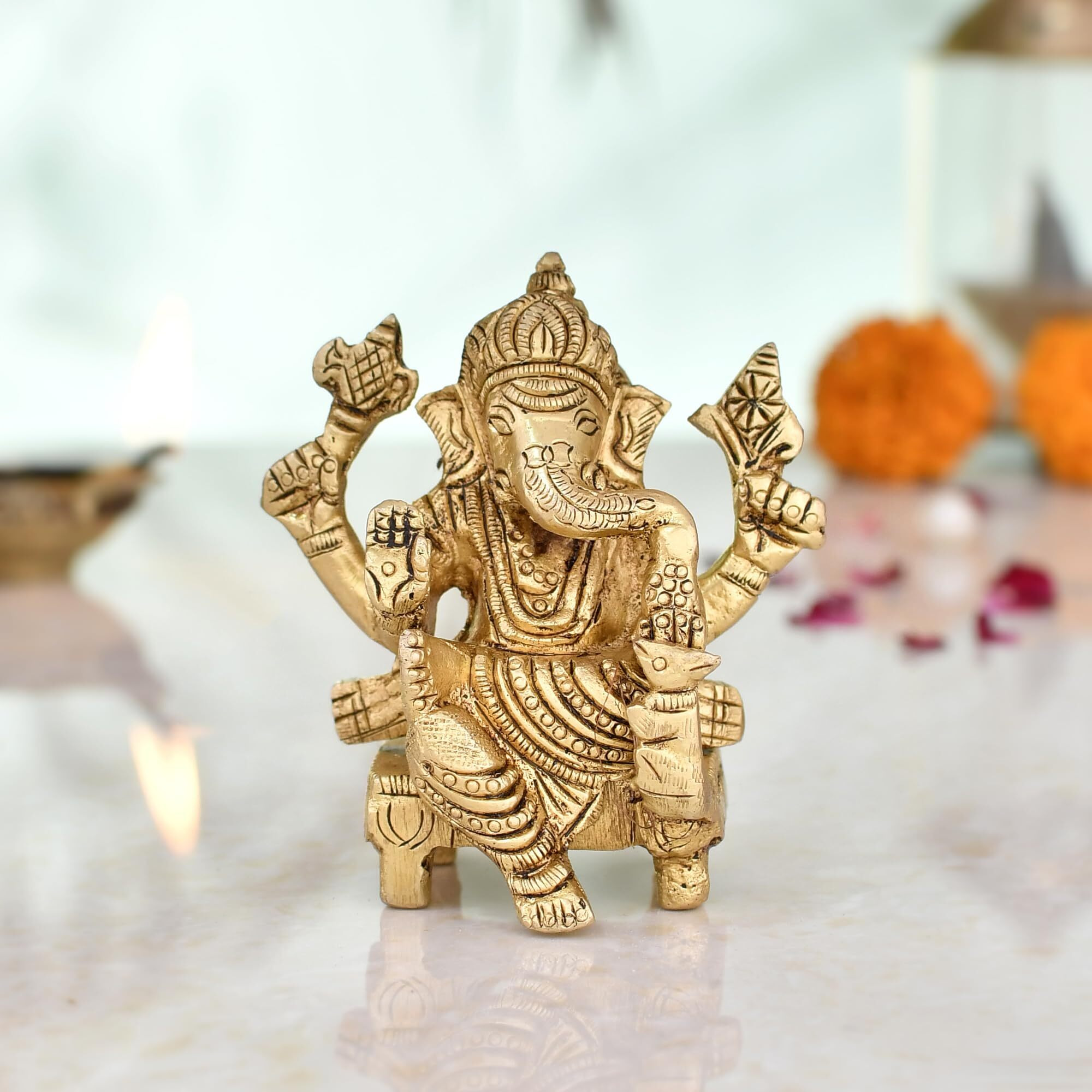 CraftVatika Ganesha Brass Idol Sitting on Base - Ganpati Sitting Idol Brass Ganesha Murti Statue Pooja Home Dcor Gift (3 Inch Height)