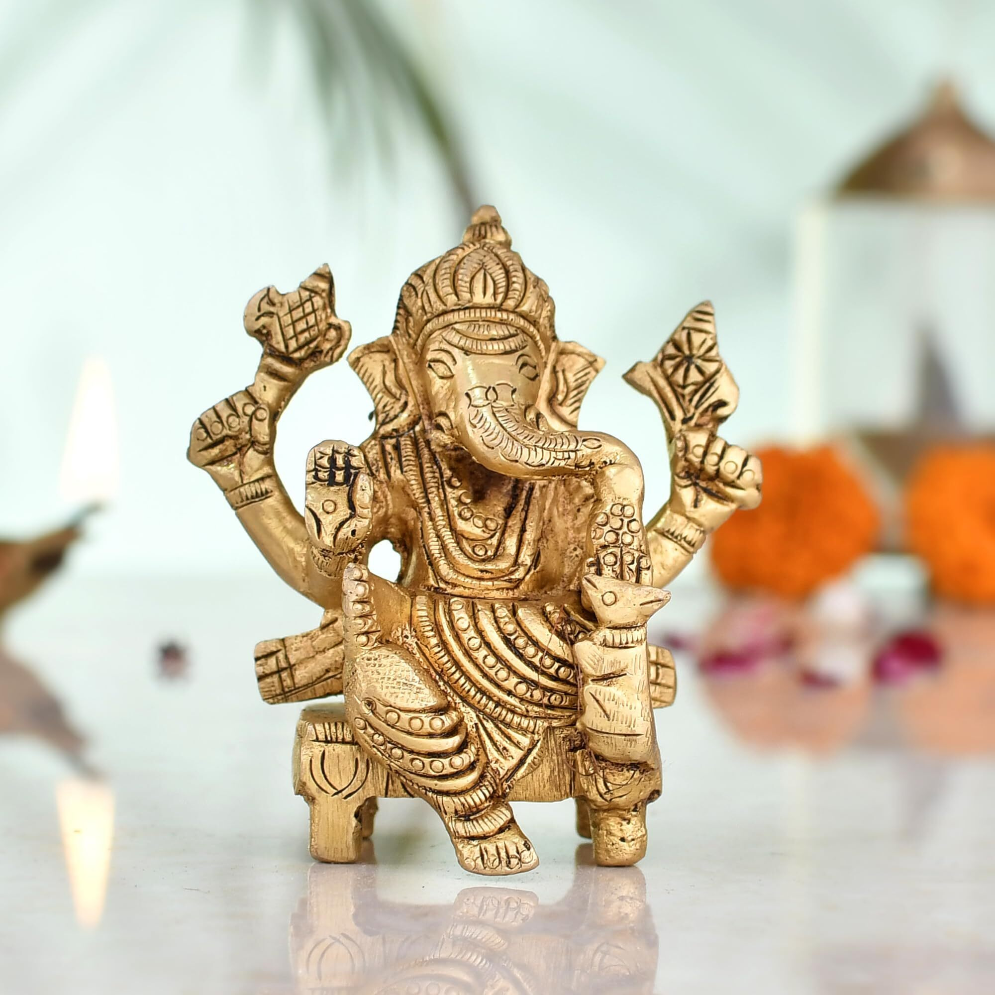 CraftVatika Ganesha Brass Idol Sitting on Base - Ganpati Sitting Idol Brass Ganesha Murti Statue Pooja Home Dcor Gift (3 Inch Height)