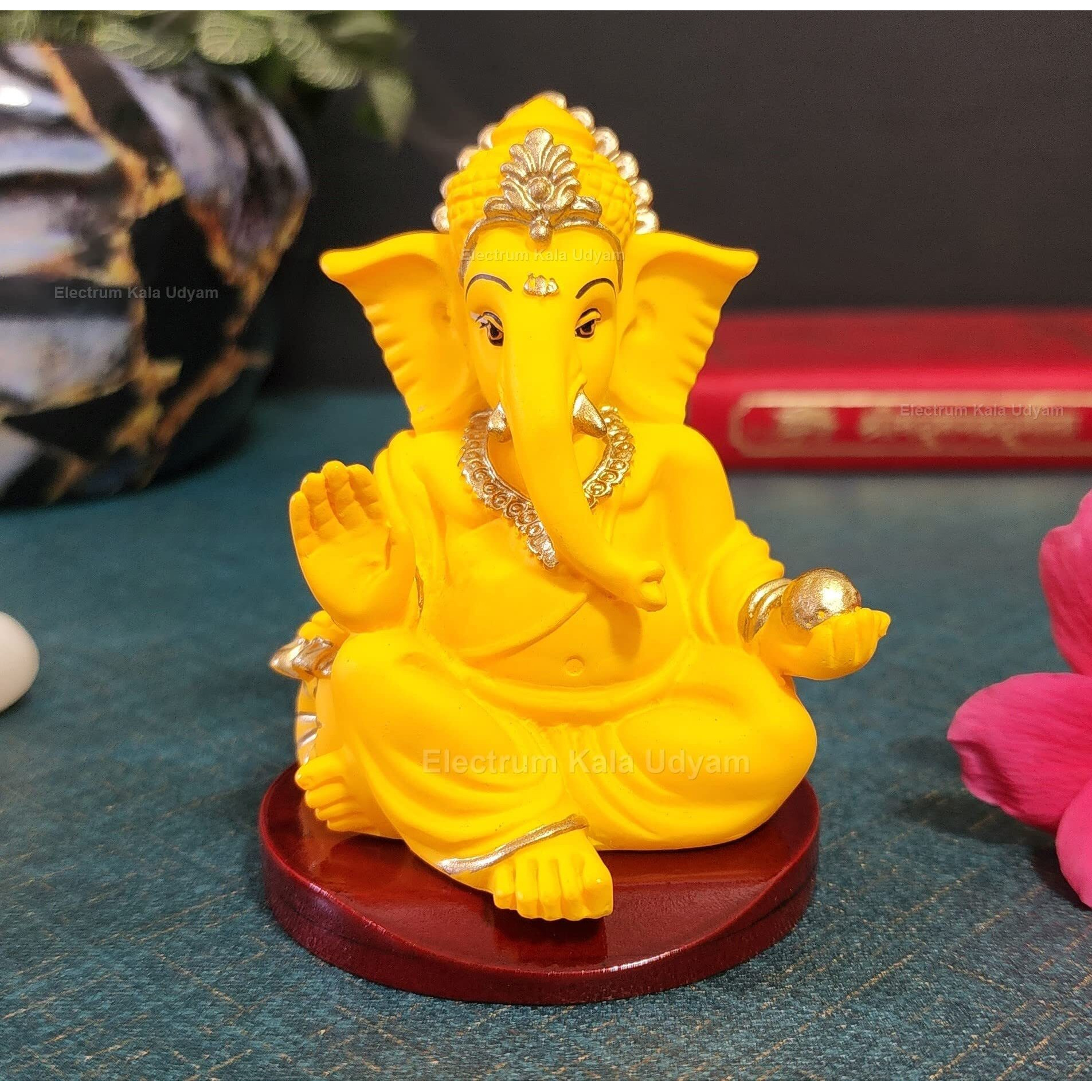 Handcrafted Poly Resin Ganesha Statue with Base - Perfect for Car Dashboard, Office Desk, Shelves, and Home Decor - Ideal Housewarming Gift (GaddiMangowithbase)