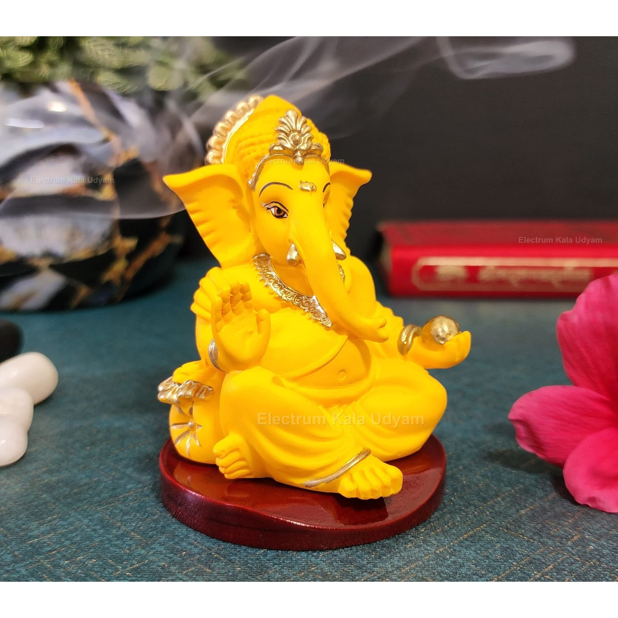 Handcrafted Poly Resin Ganesha Statue with Base - Perfect for Car Dashboard, Office Desk, Shelves, and Home Decor - Ideal Housewarming Gift (GaddiMangowithbase)