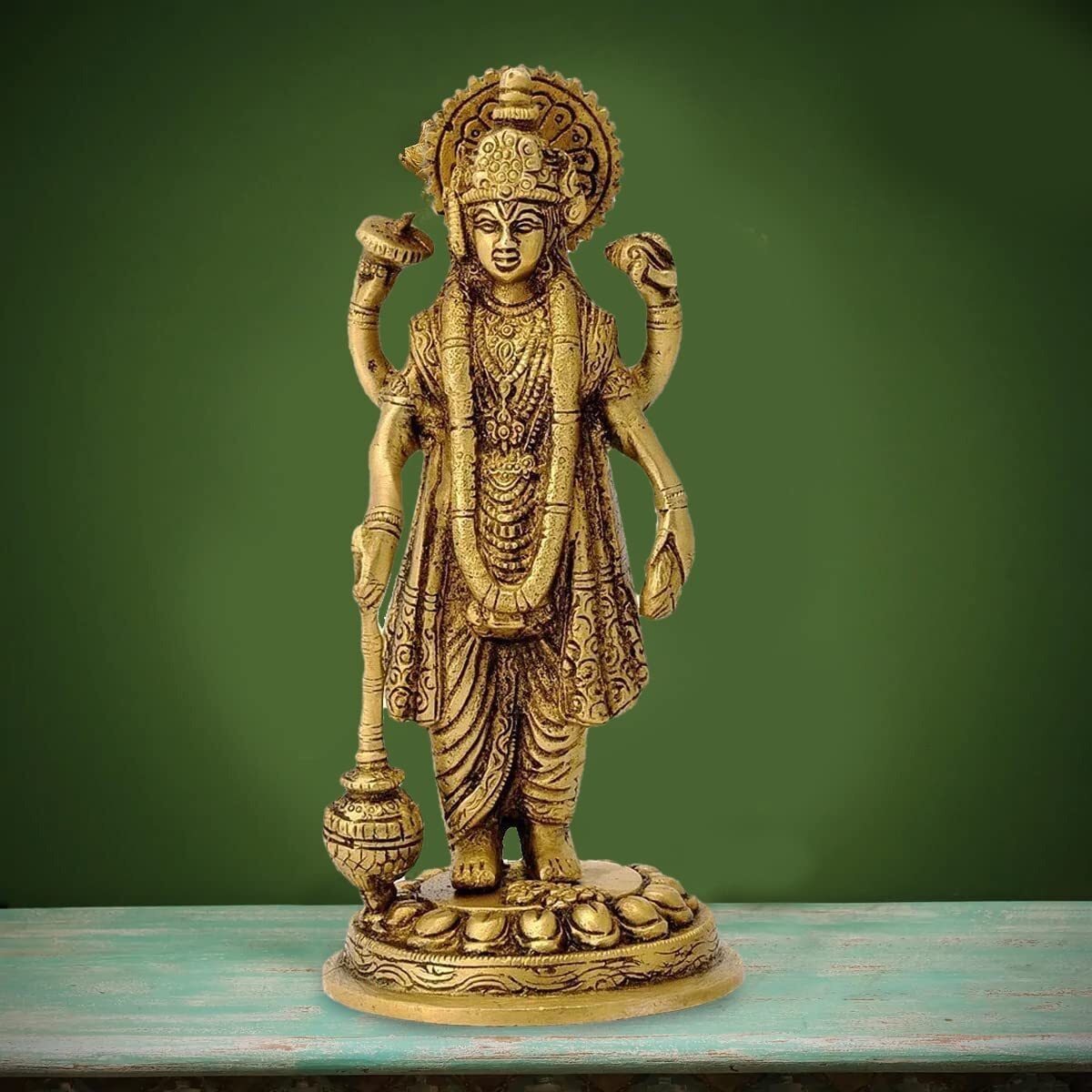 ARTVARKO Brass Lord Vishnu Narayan Holding Club Brass Statue for Home Decor Idol for Puja for Gift Vastu Dosh - Height 7