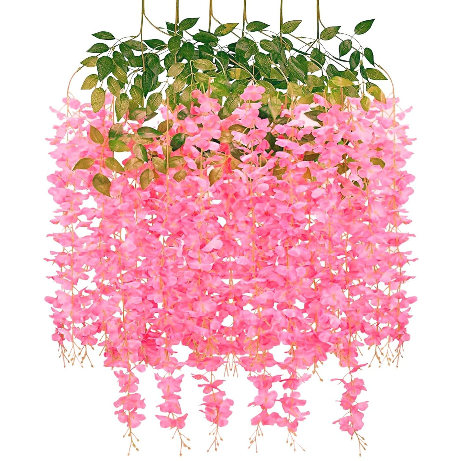 Tdas Artificial Flower Wisteria Hanging Vine for Home Decoration Plants Plastic Flowers Decor Items Decorative Bunch Creepers Garlands Leaves Wedding Room, 110 CM (Dark Pink, 6)