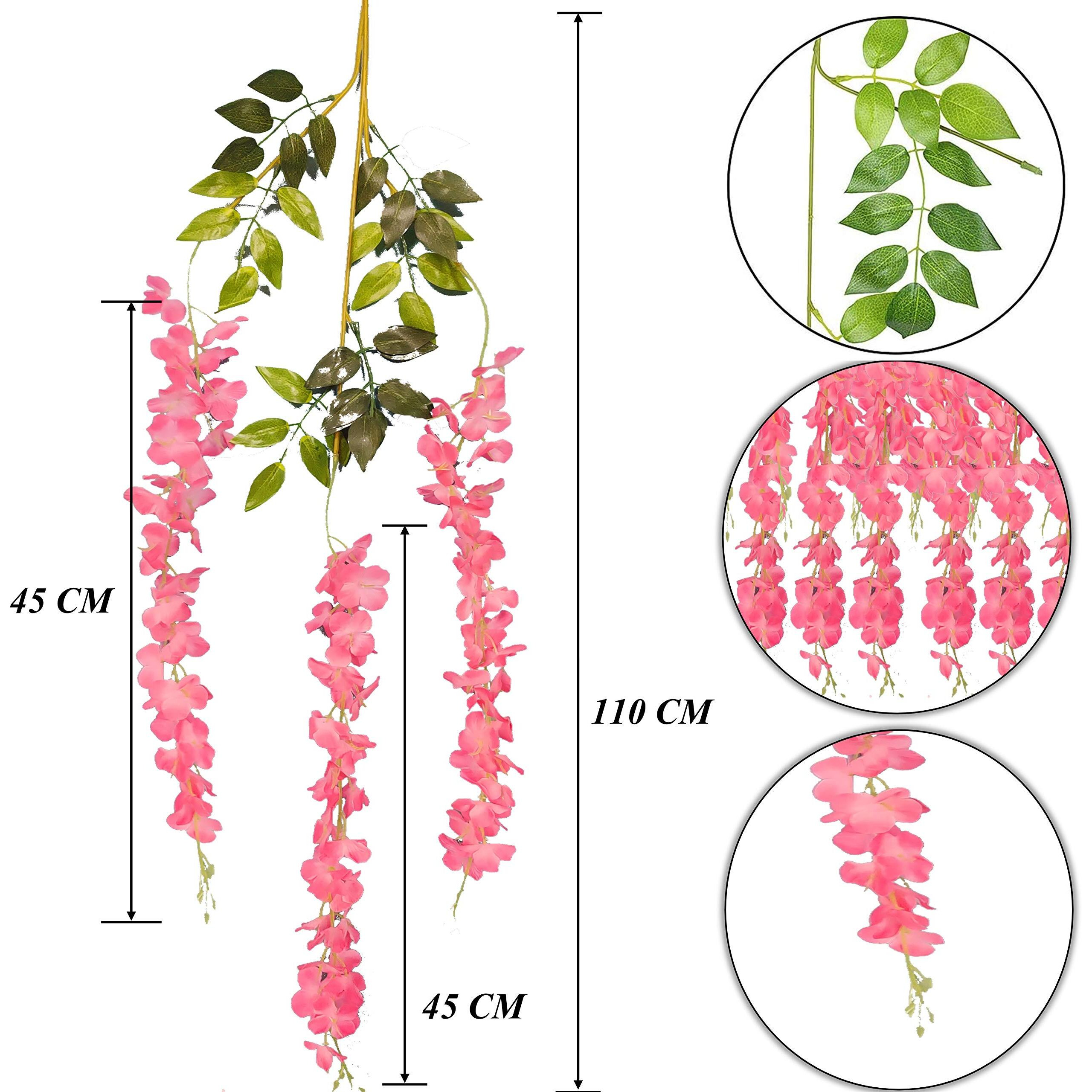 Tdas Artificial Flower Wisteria Hanging Vine for Home Decoration Plants Plastic Flowers Decor Items Decorative Bunch Creepers Garlands Leaves Wedding Room, 110 CM (Dark Pink, 6)