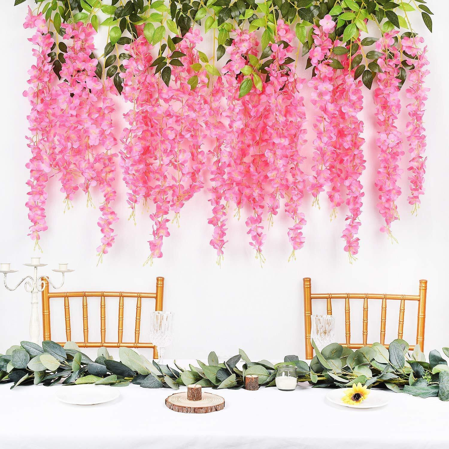 Tdas Artificial Flower Wisteria Hanging Vine for Home Decoration Plants Plastic Flowers Decor Items Decorative Bunch Creepers Garlands Leaves Wedding Room, 110 CM (Dark Pink, 6)