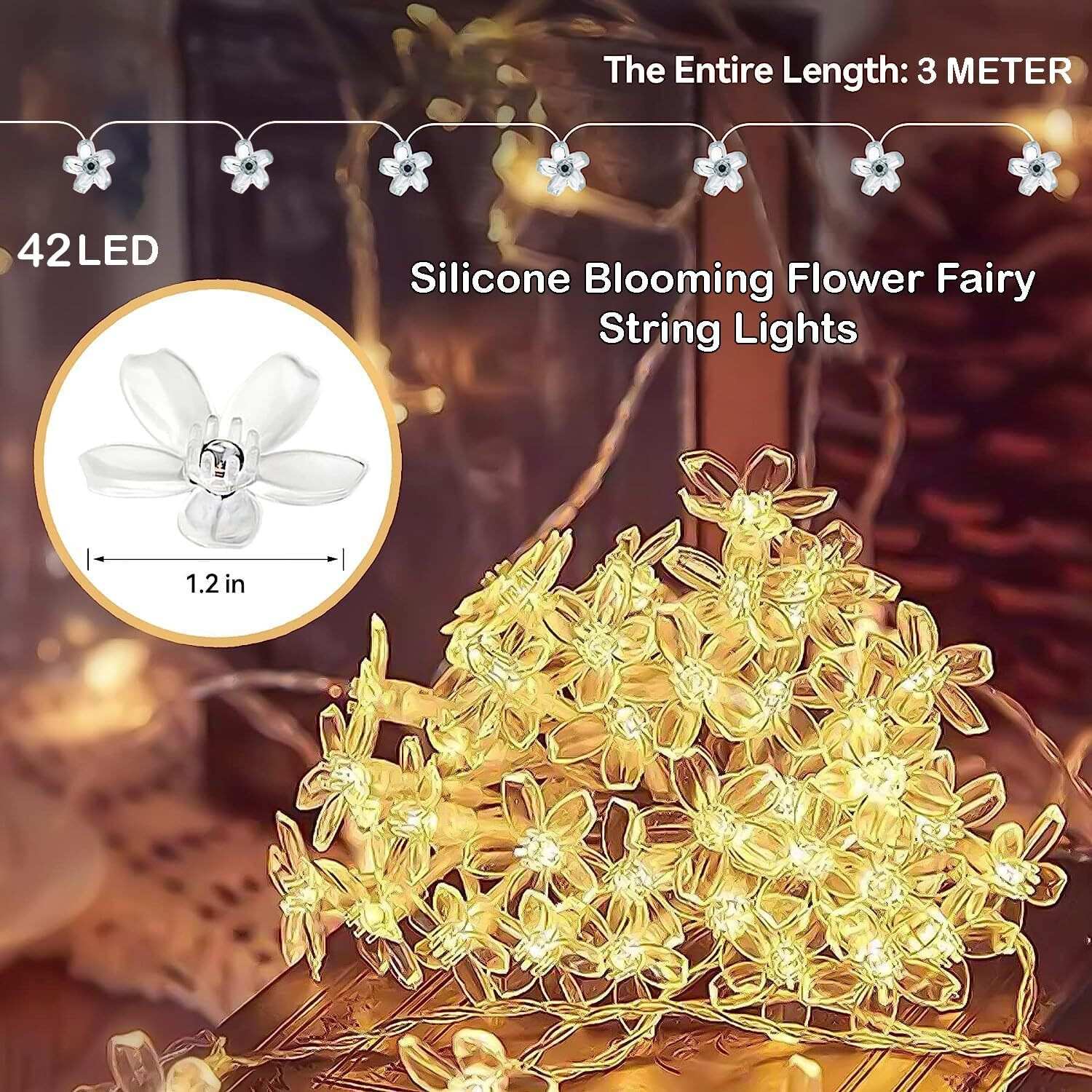 One94Store 42 Flower LED Made in India Silicon Flower Curtain String Window Festival Lights Indoor Outdoor Home Decoration Series for Diwali, Christmas, Wedding, Party, Home(12 Meter, Warm White)