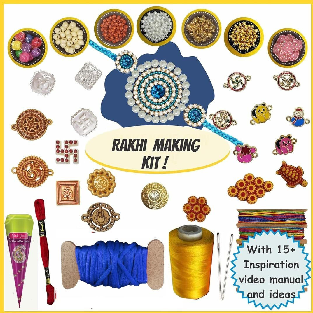 INDIKONB Rakhi Making Kit DIY Set of 15 + Rakhis - Fancy Rakhi Making Material Beads, Charms - Raksha Bandhan Materials Craft Combo Rakhi Making DIY Kit - Art and Craft Kit Gift for Kids and Adults