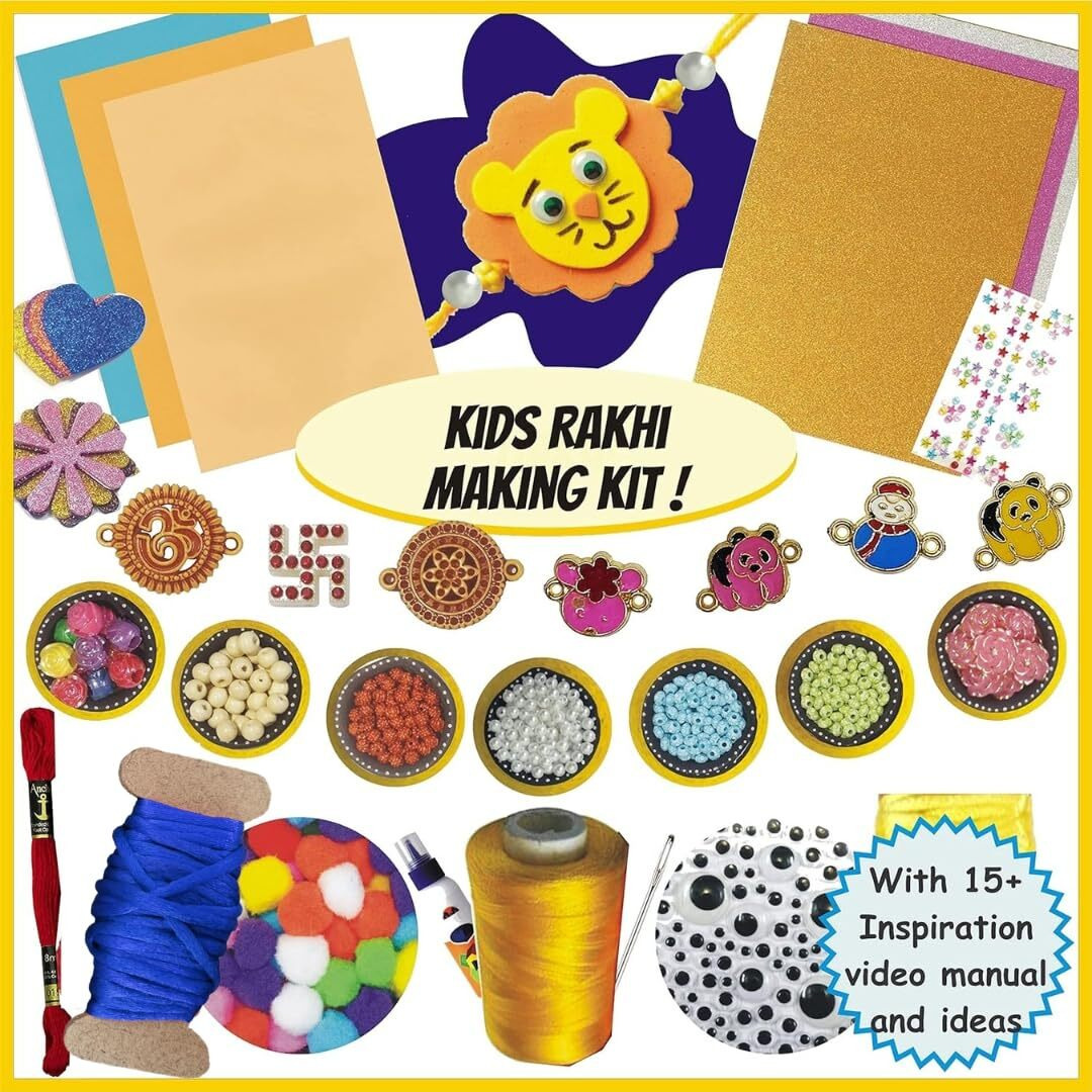 INDIKONB Kids Rakhi Making Kit DIY Set of 15+ Rakhis - Fancy Beads and Thread - for age 3 4 5 6 7 8 9 10 11 12 13 14 15 years old - Art and Craft Kit Gift for sister