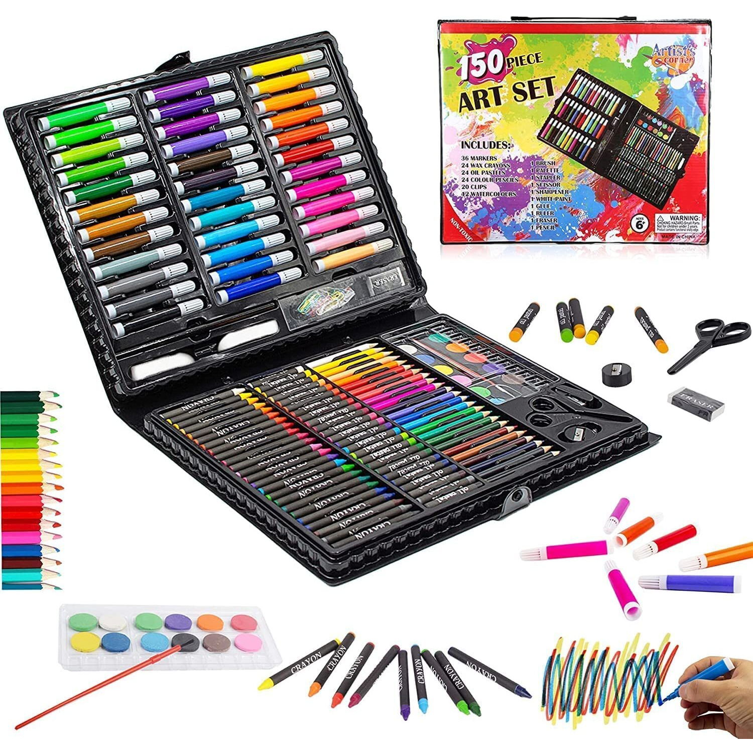 Shuban Deluxe 150-Piece Art Set & Drawing Kit - Perfect Christmas and Rakhi Gift - includes Crayons, Oil Pastels, and Colored Pencils Other Stationary Item (Black Box)