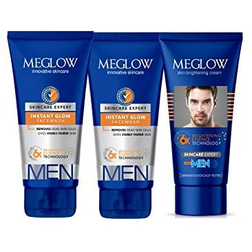 Meglow Men combo Pack of 3- Fairness Cream 50 g(1) and Mens Instant Glow Facewash 70g (2) for Brighter and Refreshing Skin | Rakhi Gift for Brother | Gift for Husband and Boyfriend