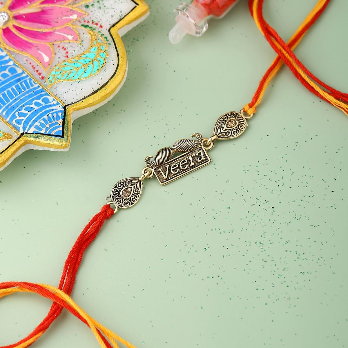 VOYLLA Antique Designer Veera Rakhi With Roli Chawal Pack -Rakhi For Brother