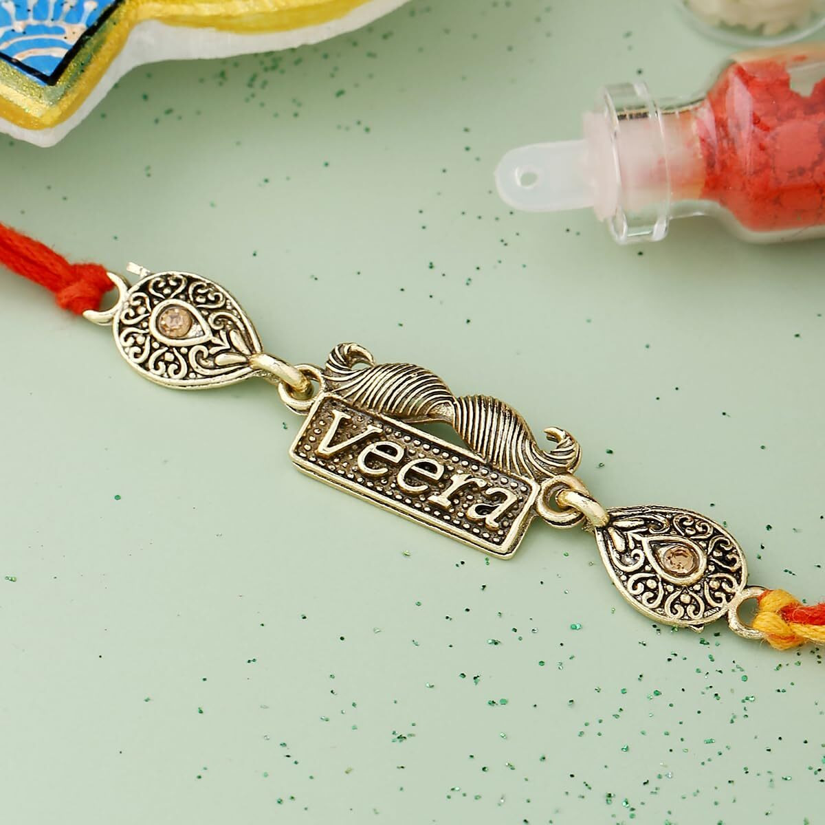 VOYLLA Antique Designer Veera Rakhi With Roli Chawal Pack -Rakhi For Brother