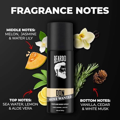 Beardo DON MOST WANTED Perfume Body Spray for Men, 120ml | No Gas Deo Body Spray For Men | Deodorant | Aqua, Citrus Musk Notes | Mens Perfume Long Lasting | Rakhi Gift For Brother | Gift For Friends