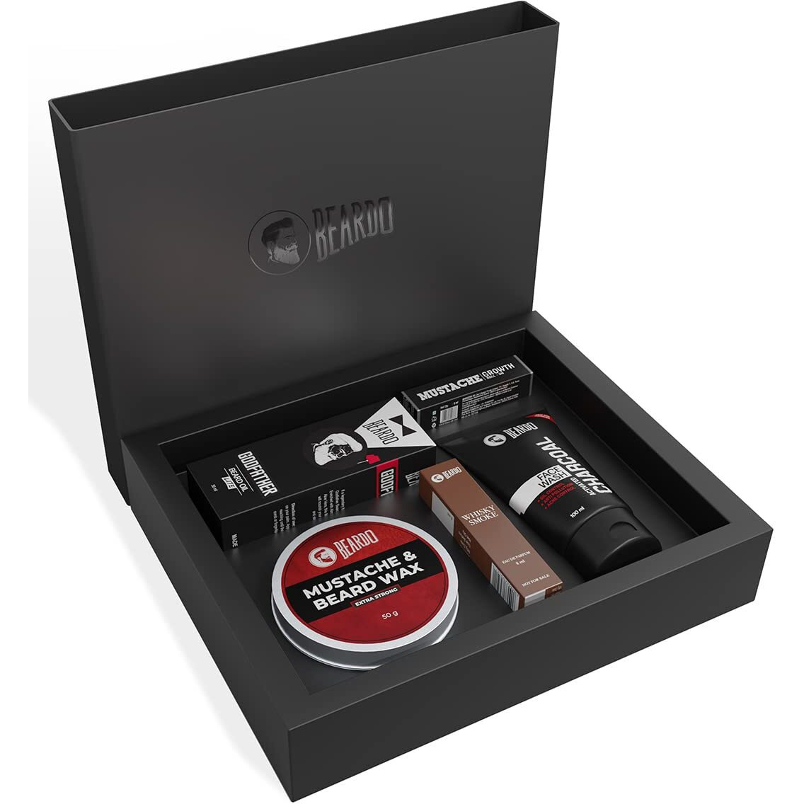 Beardo Gift Box 5-in-1 | Activated Charcoal Facewash 100ml | Godfather Beard oil 30ml | Beardo Beard & Mustache Wax - Extra Strong 50g | Growth Roll on 8ml | Whisky Smoke Perfume for men EDP 8ml | Rakhi Gift for Brother | Friendship Day Gift