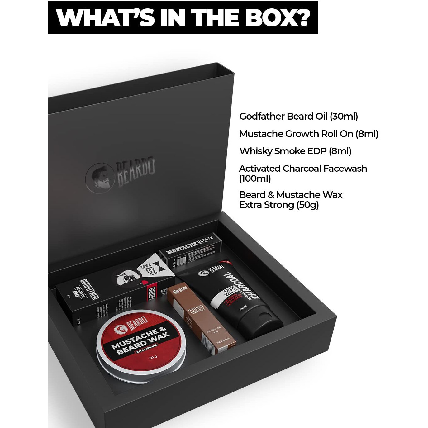 Beardo Gift Box 5-in-1 | Activated Charcoal Facewash 100ml | Godfather Beard oil 30ml | Beardo Beard & Mustache Wax - Extra Strong 50g | Growth Roll on 8ml | Whisky Smoke Perfume for men EDP 8ml | Rakhi Gift for Brother | Friendship Day Gift