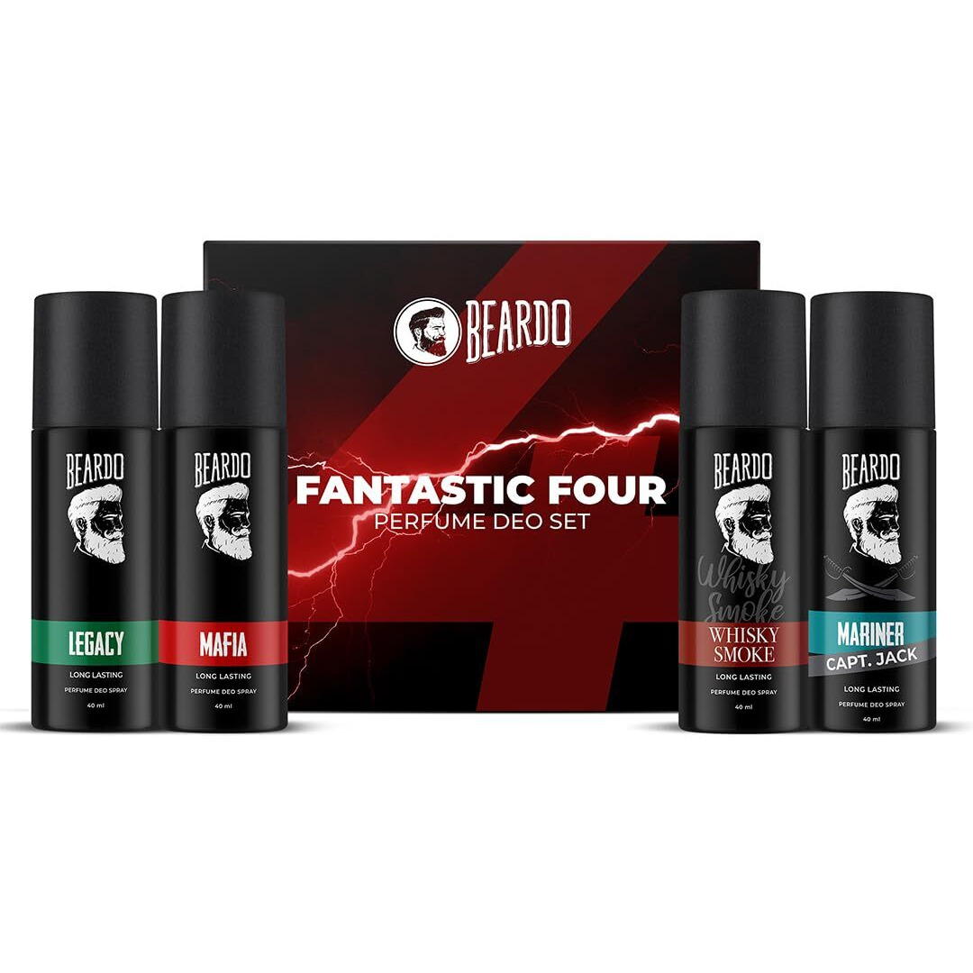 Beardo Fantastic 4 Perfume Body Spray Gift Set for Men 4X40ml | Long Lasting Fragrances | Legacy, Mafia, Mariner Capt Jack and Whisky Smoke Perfume Body Spray | Rakhi Gift for Brother | Friendship Day Gift