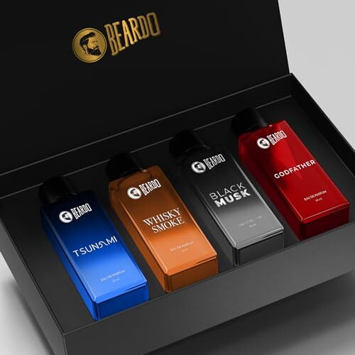 Beardo Perfumes Giftset For Men (Pack of 4 x 20ml) Whisky Smoke, Godfather, Tsunami and Black Musk | Long Lasting Perfume Musk & Woody Fresh Fragrance | Rakhi Gift for Brother | Friendship Day Gift