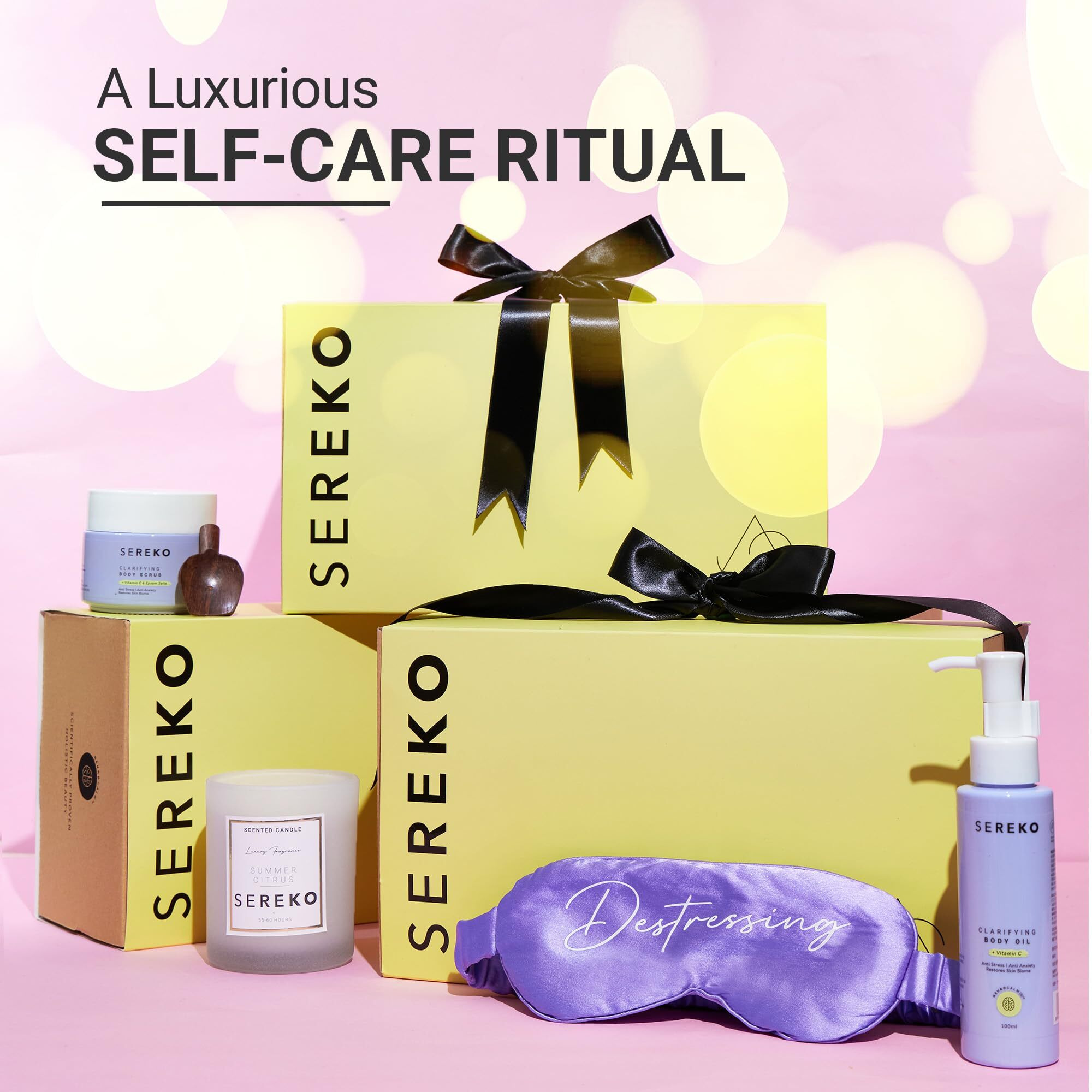 SEREKO Brother & Sister Rakhi Gift Set | Women & Men Bath Indulgence Gift Set for Birthday & Anniversary - Body Scrub, Body Oil, Scented Soy Candle & Satin Eye Mask for