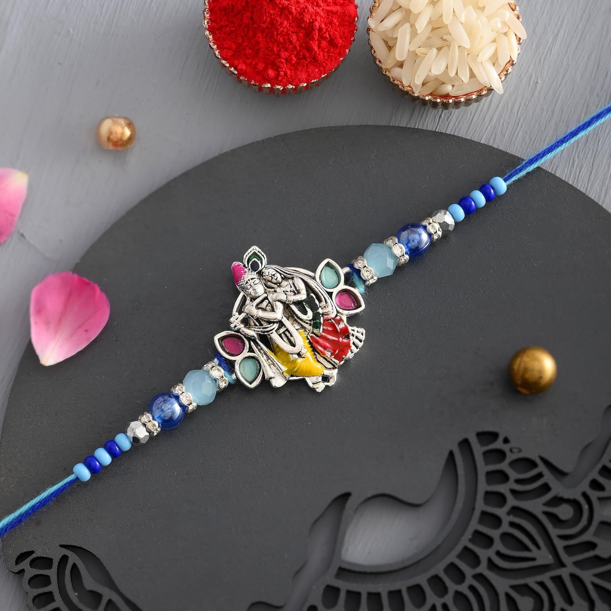 TONKWALAS Multicolor Combo of 5 Rakhi Set for Men with Roli Chawal Best Wishes Greeting Card