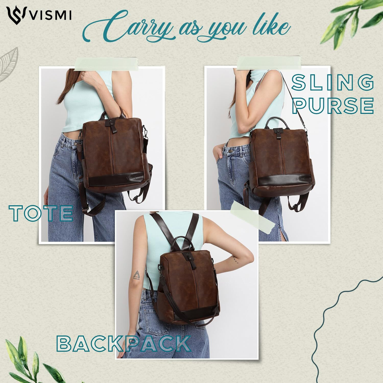 VISMIINTREND Stylish Women Brown Leather Backpack Handbag for Teen Girls | Everyday use Ladies Sling Bag Shoulder Purse for Office, College, Travel, Birthday Gift | Rakhi Gifts for Sisters, Bhabhi