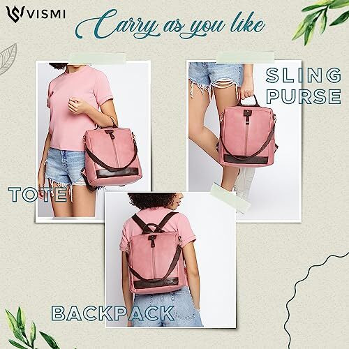 VISMIINTREND Women Pink Leather Backpack Handbag for Teen Girls | Everyday use Ladies Sling Bag Shoulder Purse for Office, College, Travel, Birthday Gift for Wife | Rakhi Gifts for Sisters, Bhabhi