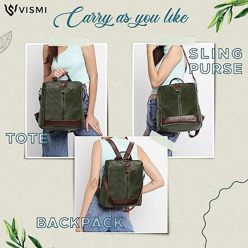 VISMIINTREND Stylish Women Green Leather Backpack Handbag for Teen Girls | Everyday use Ladies Sling Bag Shoulder Purse for Office, College, Travel, Birthday Gift for Wife | Rakhi Gifts for Sisters