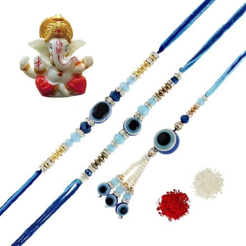 Perpetual Evil Eye Rakhi For Brother And Bhabhi Polyresin Eco Friendly Designer Bracelet Rakhi For Bhaiya Bhabhi and Kids Set Of 3