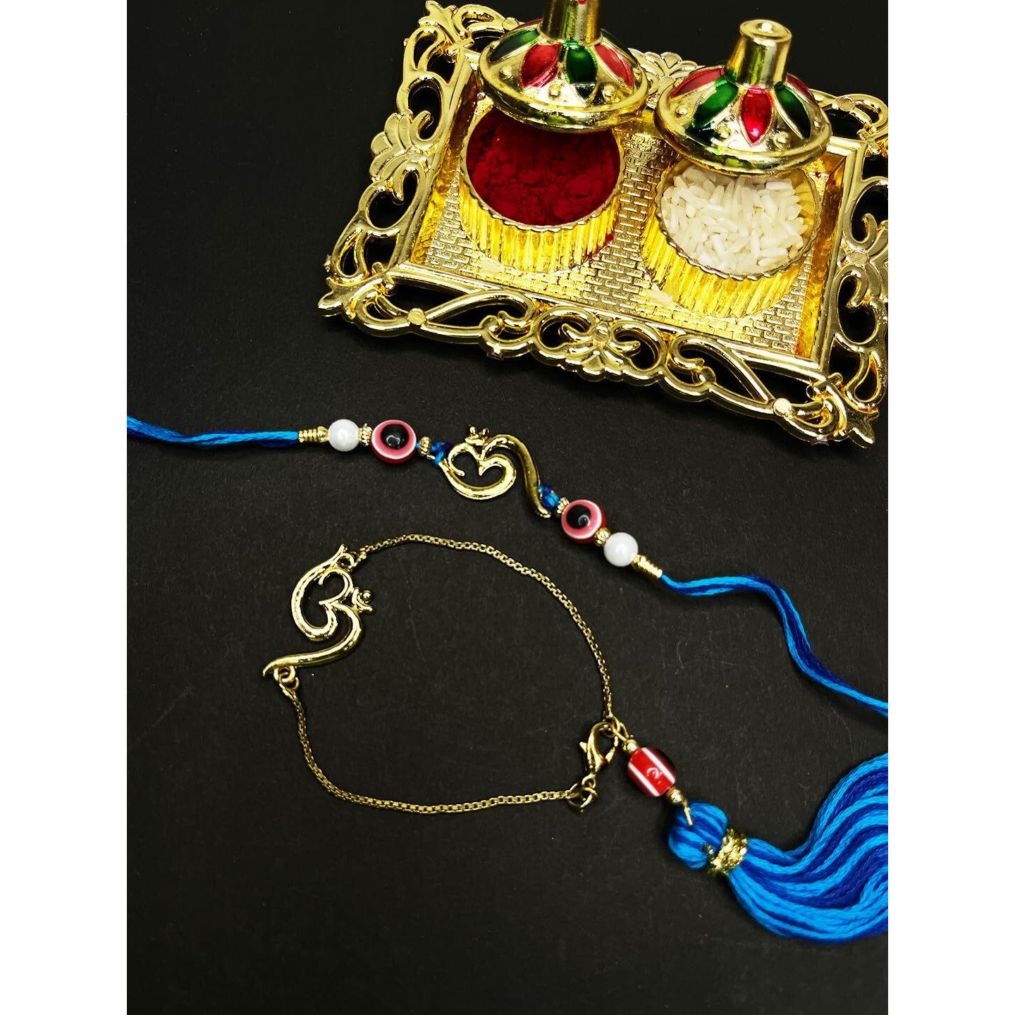 Mahi Gold Plated Evil Eye and Om Lumba and Brother Rakhi Pair for Bhaiya and Bhabhi (RCOL1105543G)