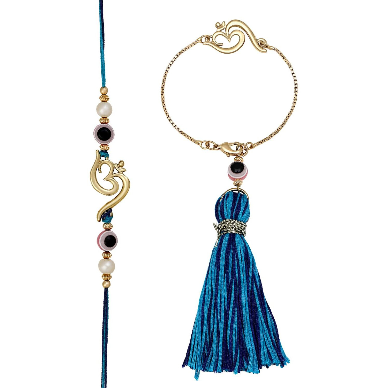 Mahi Gold Plated Evil Eye and Om Lumba and Brother Rakhi Pair for Bhaiya and Bhabhi (RCOL1105543G)