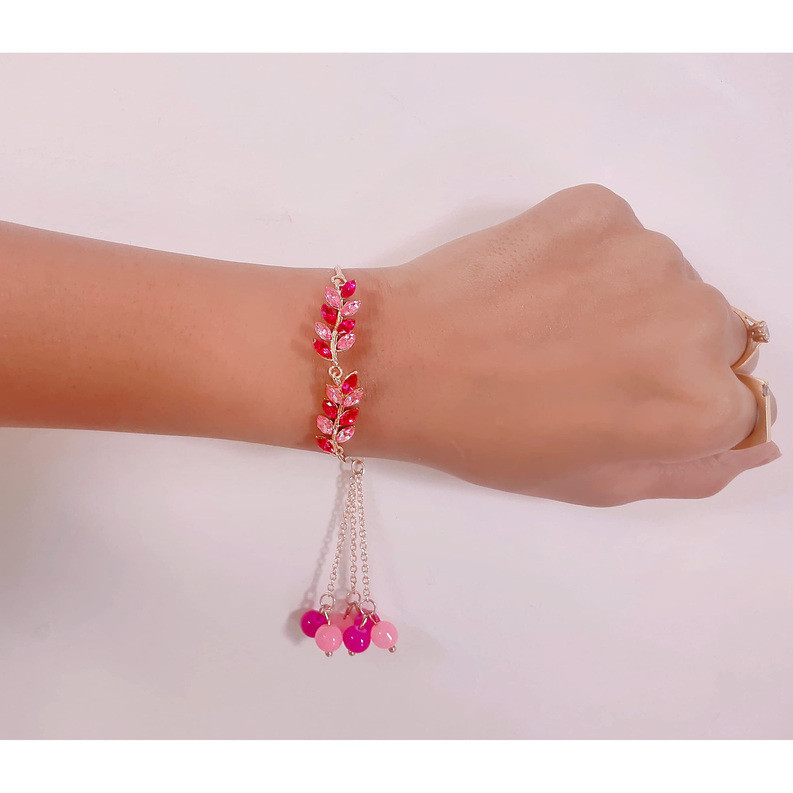 Mahi Light and Dark Pink Leafe Shaped Crystals Lumba Rakhi Bracelet for Bhabhi (RAL1100681Z) For Women