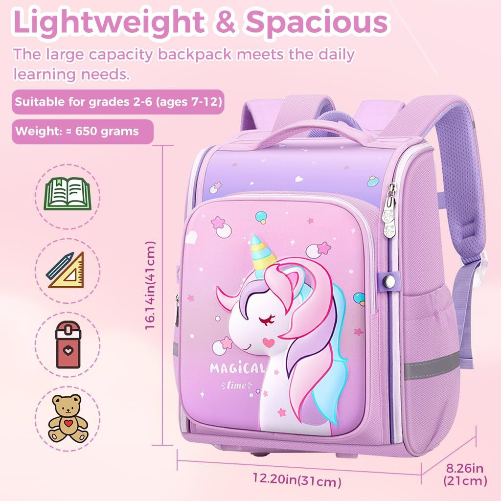 PALAY Unicorn Backpack for Kids Girls Stylish Durable Water-Resistant Backpack Shoulder School Bags for Girls Kids 6-12 Years Old Birthday & Rakhi Gift - Purple